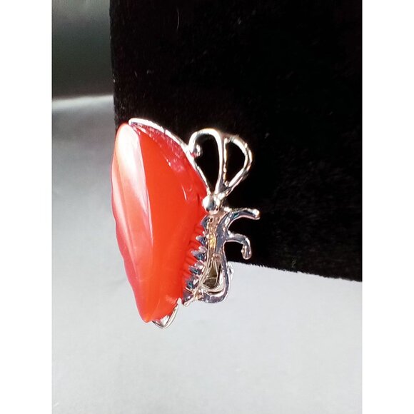 Clip On Earrings Butterfly Wings Orange Lucite Vintage 1950s Silver Tone 1 Inch - Picture 3 of 15